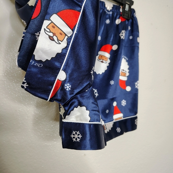 NWOT Ekouaer Navy Blue Santa Claus Print Satin Pajama Set Blouse & Shorts Sz S - Picture 14 of 15